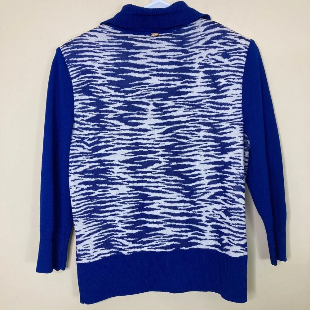 St. John Cardigan Womens Blue White Santana Knit Sweater Small Wool Blend - Picture 2 of 10